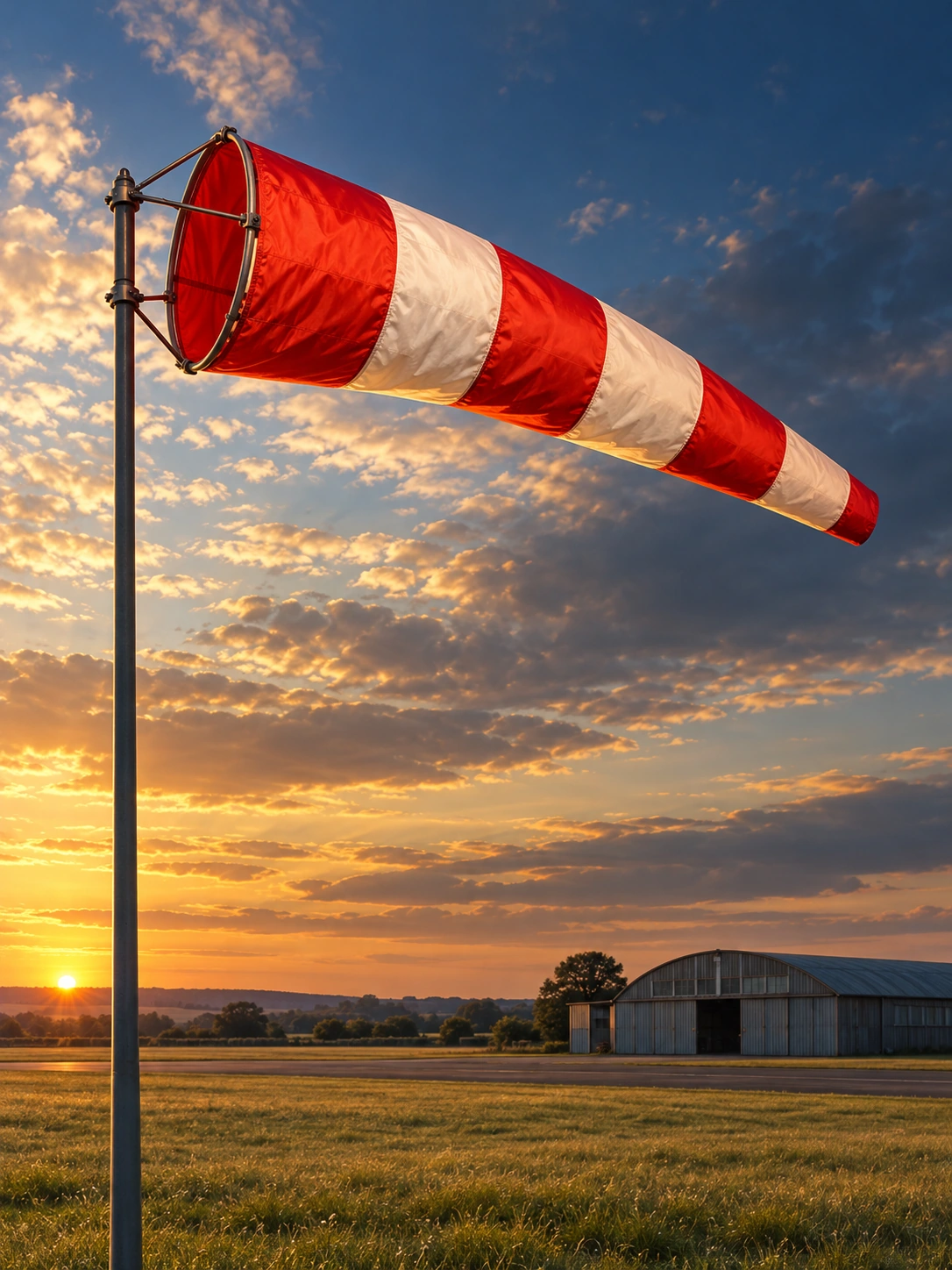 Red and white windsock above an airfield and vintage hangar at sunset